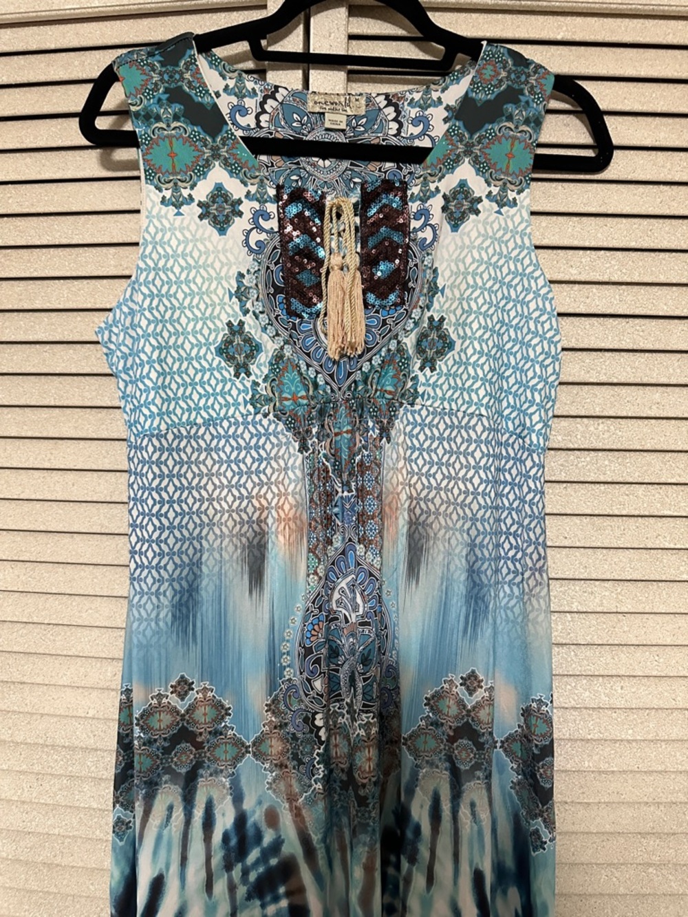 ONE WORLD Blue Teal Patterned Sleeveless Maxi Dress with Tassel